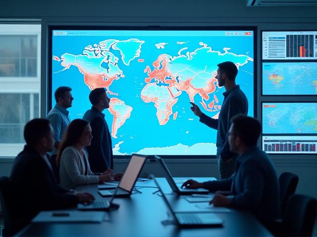 人々がデジタルマップ上でサプライチェーンを最適化している様子