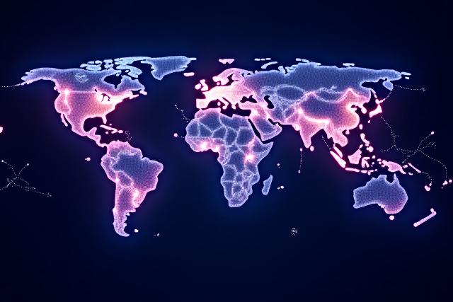 世界地図上で物流ハブと貿易ルートを示すデジタルインターフェース