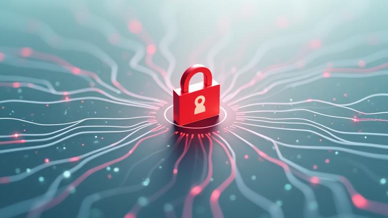 データのセキュリティと暗号化を示すイラスト：鍵と南京錠のシンボルがデジタルデータフローを保護している様子。